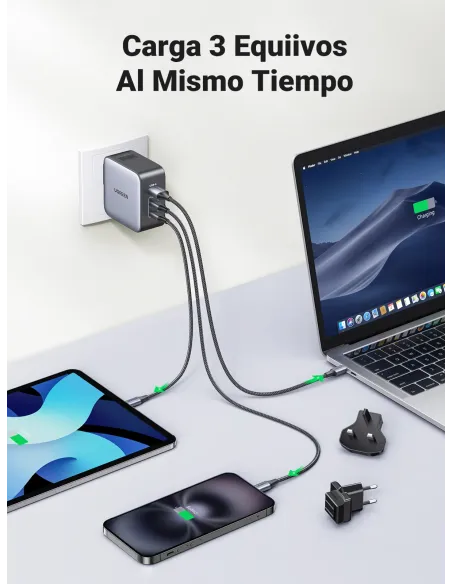 Ugreen 65W Nexode GaN Auriculares, Teléfono móvil, Portátil, Reloj inteligente, Tableta Gris USB Carga rápida Interior