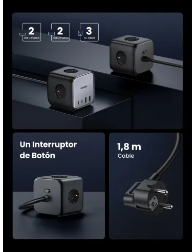Ugreen Diginest Cube 7-in-1 3 salidas AC Tipo C 1,8 m 4 3680 W Negro
