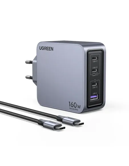 Ugreen Nexode Pro 160W GaN Charger with USB-C Cable Universal Negro, Gris Corriente alterna Carga rápida Interior