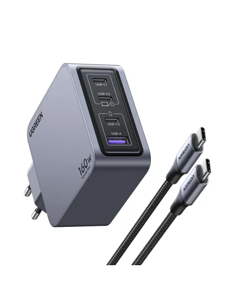 Ugreen Nexode Pro 160W GaN Charger with USB-C Cable Universal Negro, Gris Corriente alterna Carga rápida Interior