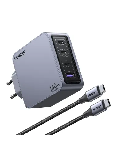 Ugreen Nexode Pro 160W GaN Charger with USB-C Cable Universal Negro, Gris Corriente alterna Carga rápida Interior