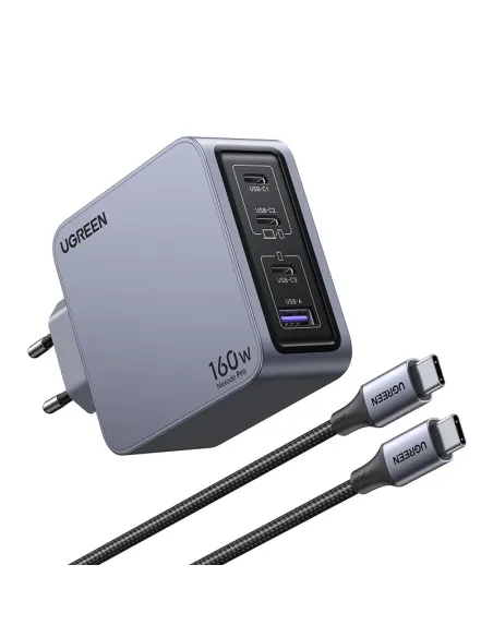 Ugreen Nexode Pro 160W GaN Charger with USB-C Cable Universal Negro, Gris Corriente alterna Carga rápida Interior