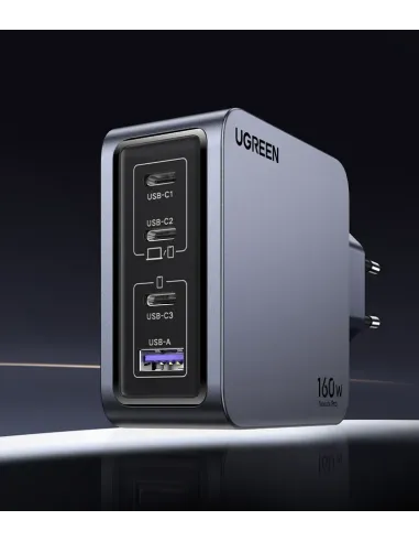 Ugreen Nexode Pro 160W GaN Charger with USB-C Cable Universal Negro, Gris Corriente alterna Carga rápida Interior