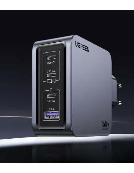 Ugreen Nexode Pro 160W GaN Charger with USB-C Cable Universal Negro, Gris Corriente alterna Carga rápida Interior