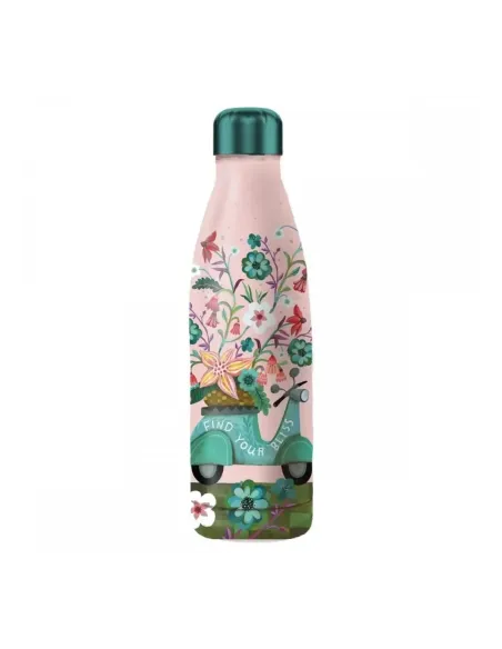 Botella isotermica enesco rosa estampado flores y moto