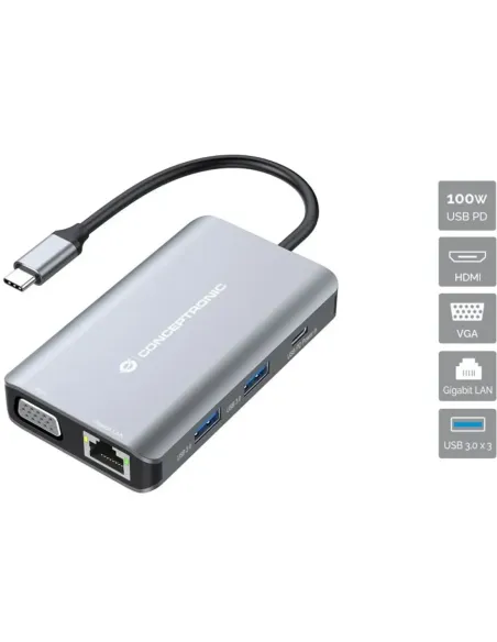 Docking station conceptronic donn21g 7 en 1 3 x usb 3.0 - 1 x hdmi - 1 x vga - 1 x rj45 - 1 x usb tipo c