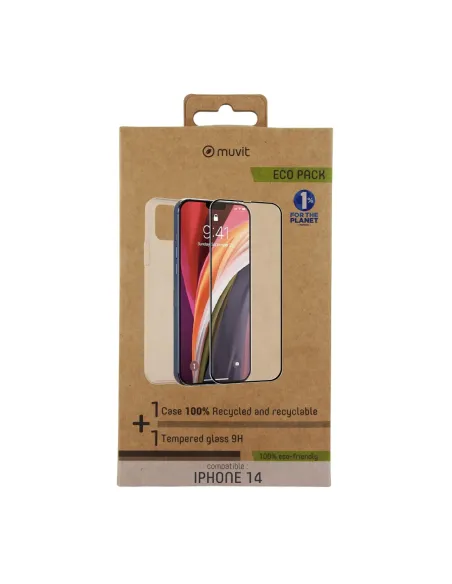 Funda muvit para iphone 14 + protector pantalla vidrio templado plano marco negro