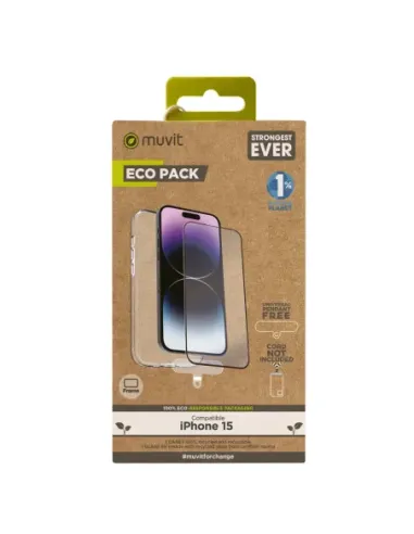 Funda muvit para iphone 15 + protector pantalla vidrio templado plano marco negro