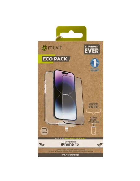 Funda muvit para iphone 15 + protector pantalla vidrio templado plano marco negro