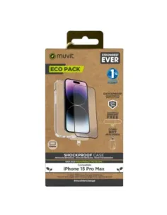 Funda muvit shockproof 2m para apple iphone 15 pro max transparente + protector pantalla cristal templado marco negro