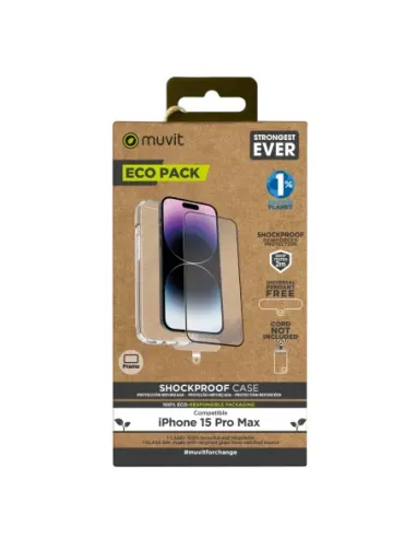 Funda muvit shockproof 2m para apple iphone 15 pro max transparente + protector pantalla cristal templado marco negro