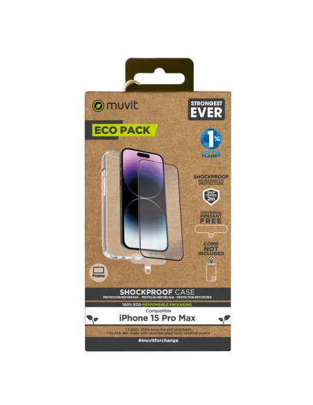 Funda muvit shockproof 2m para apple iphone 15 pro max transparente + protector pantalla cristal templado marco negro