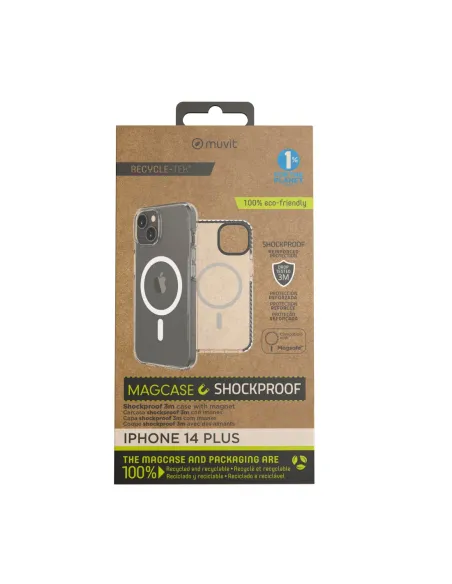 Funda muvit recycletek magsafe shockproof 3m para apple iphone 14 plus transparente - negra