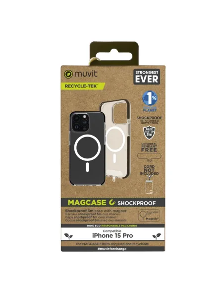 Funda muvit recycletek magsafe shockproof 3m para apple iphone 15 pro transparente - negra