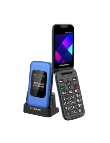 Telefono movil volfen orion dual max tipo concha azul base de carga