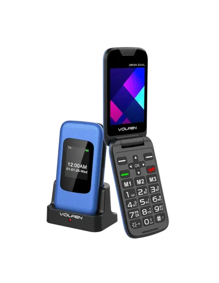 Telefono movil volfen orion dual max tipo concha azul base de carga