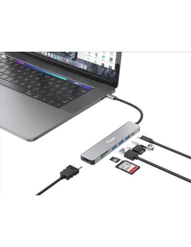 Equip 133494 Adaptador multifunción USB-C 7 en 1, HDMI 4K 60Hz, USB 3.2 Gen1 x 3 , TF MICRO SD, 100W USB PD