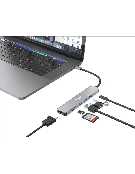 Equip 133494 Adaptador multifunción USB-C 7 en 1, HDMI 4K 60Hz, USB 3.2 Gen1 x 3 , TF MICRO SD, 100W USB PD