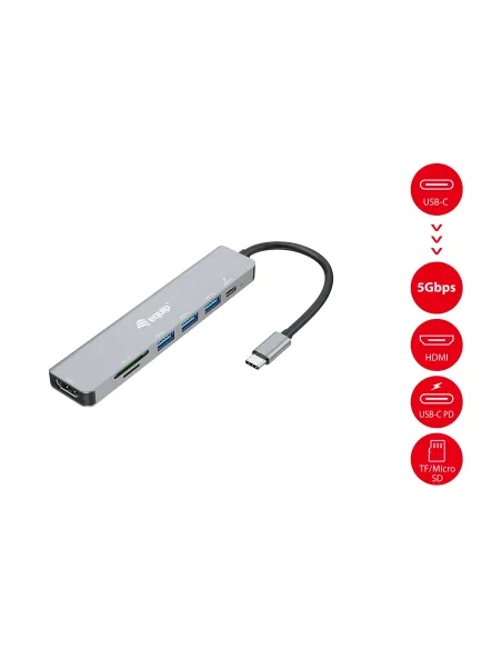 Equip 133494 Adaptador multifunción USB-C 7 en 1, HDMI 4K 60Hz, USB 3.2 Gen1 x 3 , TF MICRO SD, 100W USB PD