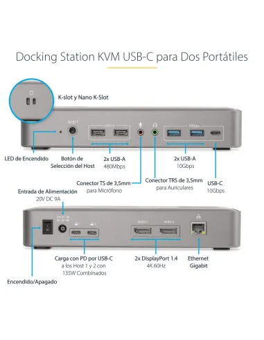 StarTech.com Docking Station KVM USB-C para Portátil - Replicador de Puertos USB Tipo C para 2 Monitores DisplayPort 4K 60Hz -