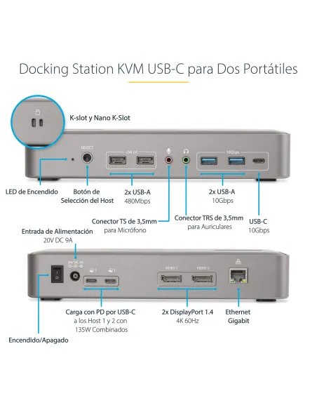 StarTech.com Docking Station KVM USB-C para Portátil - Replicador de Puertos USB Tipo C para 2 Monitores DisplayPort 4K 60Hz -
