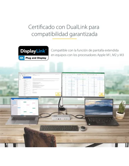 StarTech.com Docking Station KVM USB-C para Portátil - Replicador de Puertos USB Tipo C para 2 Monitores DisplayPort 4K 60Hz -