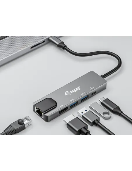 Equip Adaptador multifunción USB-C 5 en 1, HDMI , Gigabit LAN, USB 3.2 GEN1, 100W USB PD
