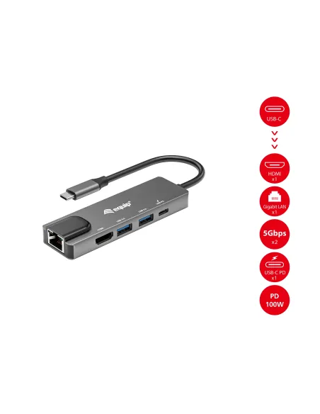 Equip Adaptador multifunción USB-C 5 en 1, HDMI , Gigabit LAN, USB 3.2 GEN1, 100W USB PD