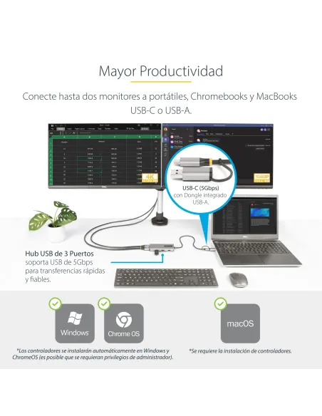 StarTech.com Adaptador Multipuertos USB-C - HDMI Doble (4K30Hz 1080p60Hz) - Hub Ladrón 3x USB-A - Mini Docking Station de