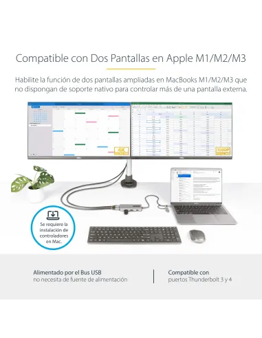 StarTech.com Adaptador Multipuertos USB-C - HDMI Doble (4K30Hz 1080p60Hz) - Hub Ladrón 3x USB-A - Mini Docking Station de