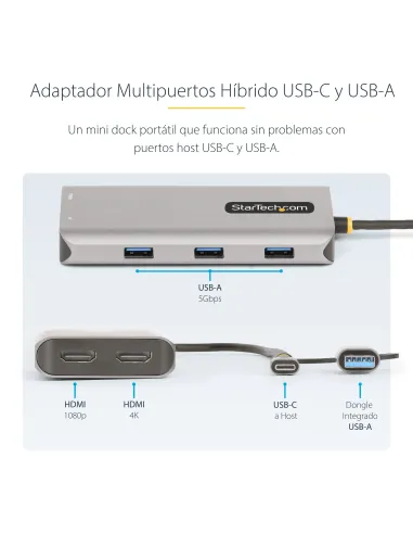 StarTech.com Adaptador Multipuertos USB-C - HDMI Doble (4K30Hz 1080p60Hz) - Hub Ladrón 3x USB-A - Mini Docking Station de