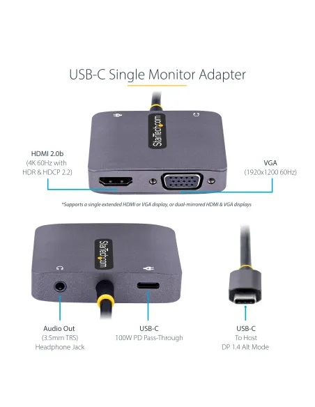 StarTech.com Adaptador de Vídeo USB C, Adaptador Multipuertos USB Tipo C a HDMI VGA con Salida de Audio de 3,5mm, HDR 4K a