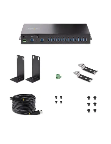 StarTech.com Hub Ladrón USB 3.0 5Gb de 16 Puertos Industrial - Metal - Montaje en Rack Superficie DIN - Carga Compartida USB