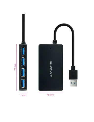 Nanocable Hub USB 3.0 con 4 Puertos de USB 3.0, USB-A M-USB 3.0 H, Negro, 15 cm