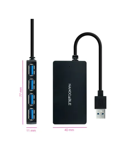 Nanocable Hub USB 3.0 con 4 Puertos de USB 3.0, USB-A M-USB 3.0 H, Negro, 15 cm