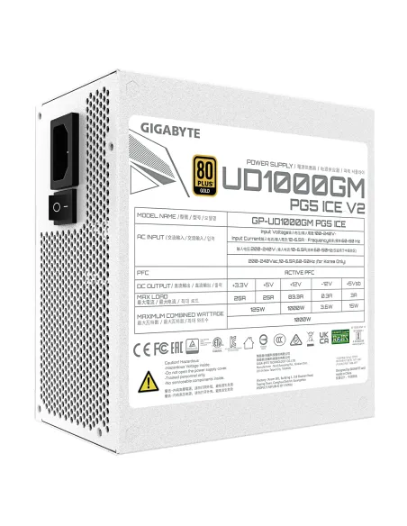 GIGABYTE UD1000GM PG5 V2 ICE Fuente de Alimentación – PCIe Gen 5.1, 80 PLUS Gold, Diseño completamente modular, Ventilador de