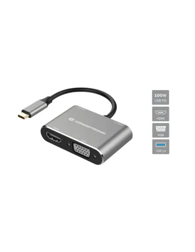 Conceptronic DONN16G base para portátil y replicador de puertos Alámbrico USB 3.2 Gen 1 (3.1 Gen 1) Type-C Negro, Plata