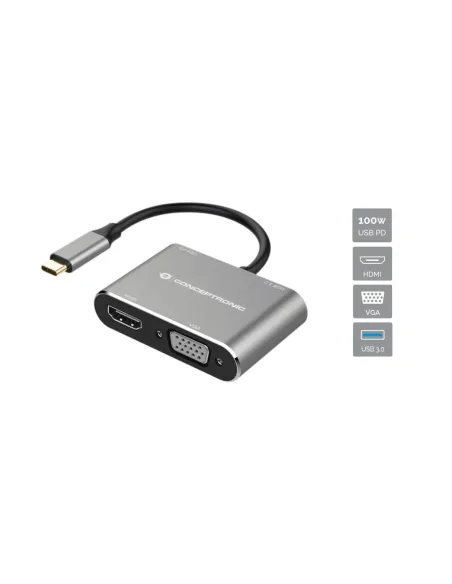 Conceptronic DONN16G base para portátil y replicador de puertos Alámbrico USB 3.2 Gen 1 (3.1 Gen 1) Type-C Negro, Plata