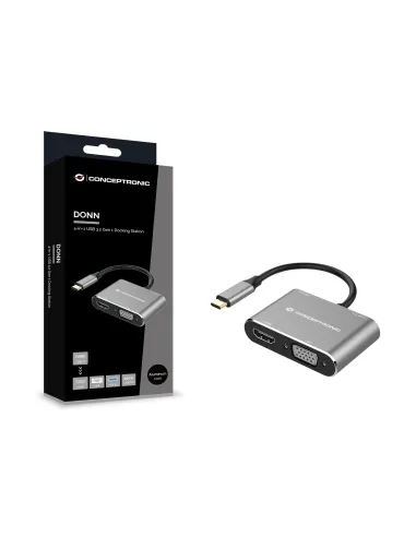Conceptronic DONN16G base para portátil y replicador de puertos Alámbrico USB 3.2 Gen 1 (3.1 Gen 1) Type-C Negro, Plata