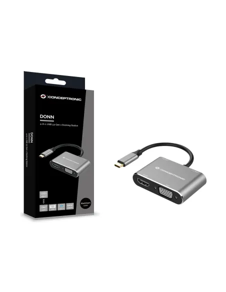Conceptronic DONN16G base para portátil y replicador de puertos Alámbrico USB 3.2 Gen 1 (3.1 Gen 1) Type-C Negro, Plata
