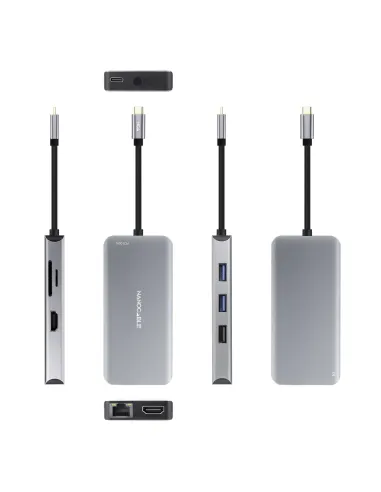 Nanocable HUB USB-C 9 en 1, Conversor USB-C a 3 x USB-A + 2 x HDMI + RJ45 + TF + SD + USB-C PD 100W, Aluminio, 15 cm, Gris