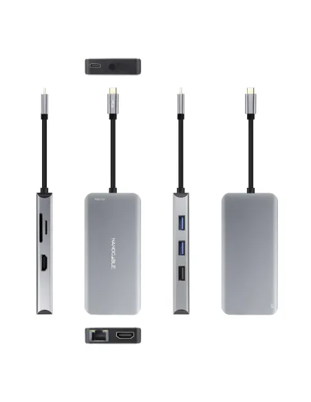 Nanocable HUB USB-C 9 en 1, Conversor USB-C a 3 x USB-A + 2 x HDMI + RJ45 + TF + SD + USB-C PD 100W, Aluminio, 15 cm, Gris