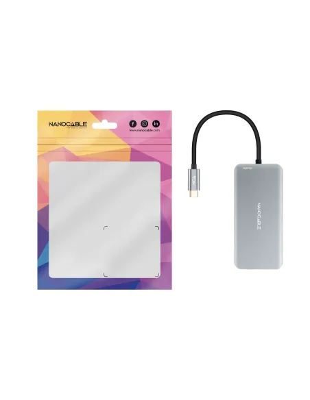 Nanocable HUB USB-C 9 en 1, Conversor USB-C a 3 x USB-A + 2 x HDMI + RJ45 + TF + SD + USB-C PD 100W, Aluminio, 15 cm, Gris