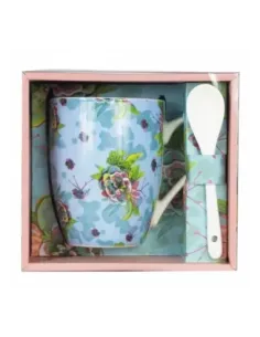 Taza de cerámica con cuchara enesco flores