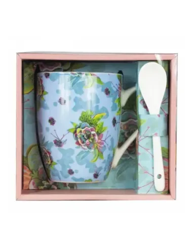 Taza de cerámica con cuchara enesco flores