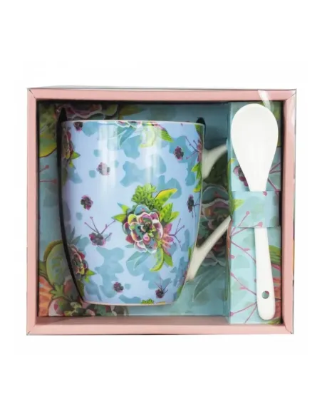 Taza de cerámica con cuchara enesco flores