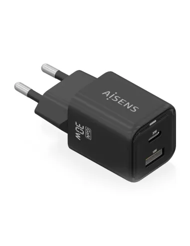 AISENS Cargador Gan 30W, 1xUSB-C PD3.0 QC4.0, 1xUSB-A QC3.0, Negro