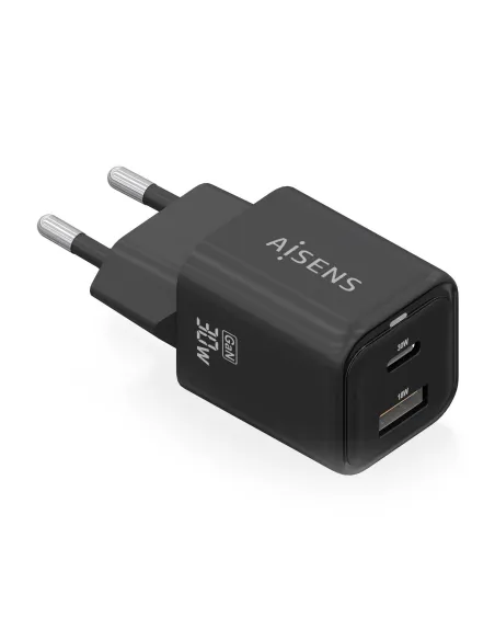 AISENS Cargador Gan 30W, 1xUSB-C PD3.0 QC4.0, 1xUSB-A QC3.0, Negro