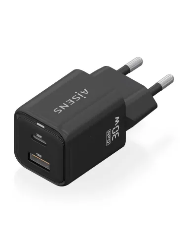 AISENS Cargador Gan 30W, 1xUSB-C PD3.0 QC4.0, 1xUSB-A QC3.0, Negro