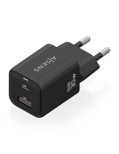 AISENS Cargador Gan 30W, 1xUSB-C PD3.0 QC4.0, 1xUSB-A QC3.0, Negro
